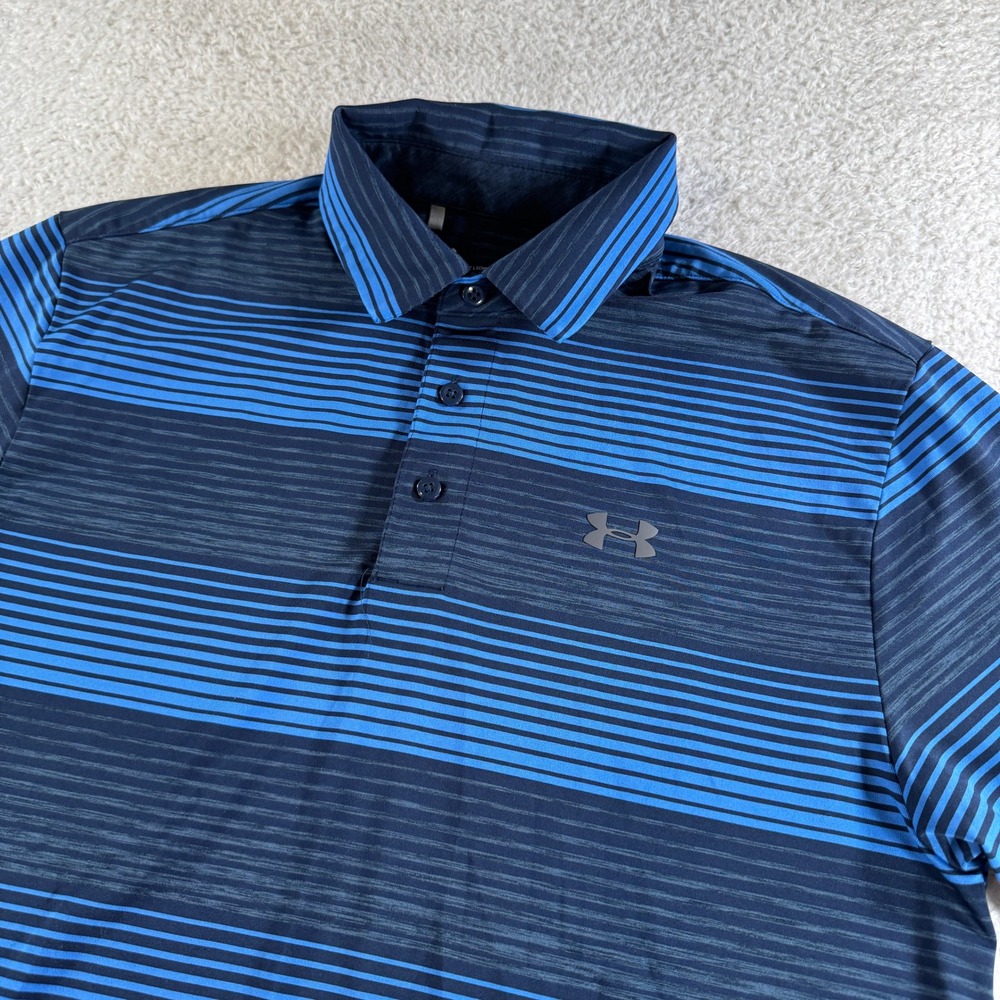Under Armour Polo Shirt Mens Medium Blue Excellent Striped HeatGear Loose Fit